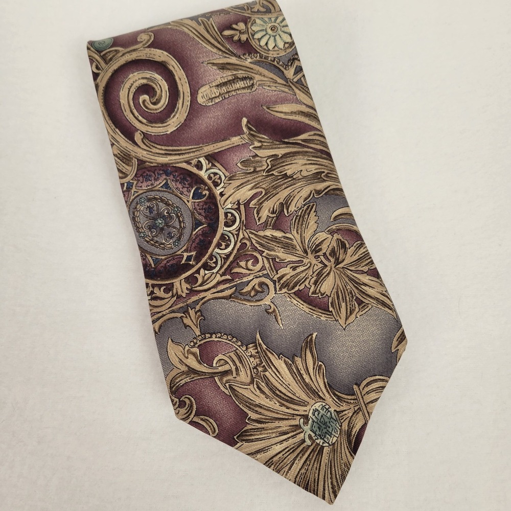 Bill Blass Silk Tie Mens 3.75" x 58" Purple Gold Baroque Scroll Medallion Print